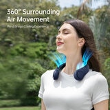 Lifestyle image of model wearing the neck fan Lifestyle image of model wearing the neck fan