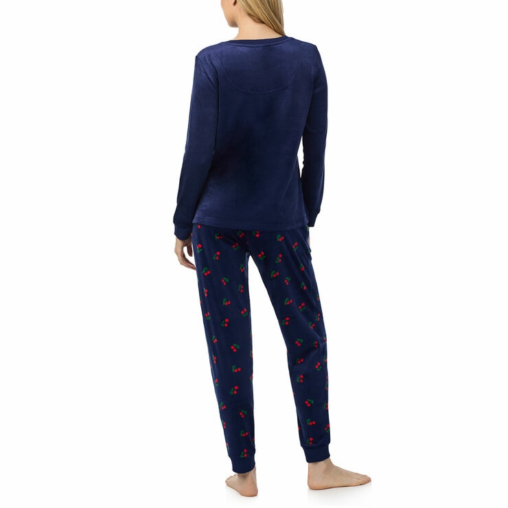 Jane & Bleecker Women's Silky Plush Pyjama Set in Navy Cherries
