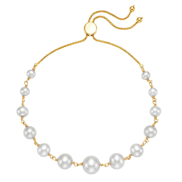 3.5-9mm Cultured Freshwater White Pearl Bolo Bracelet, 14ct Yellow Gold ...