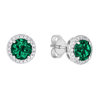 Round Cut Lab Emerald & 0.19ctw Diamond Earrings, 14ct White Gold