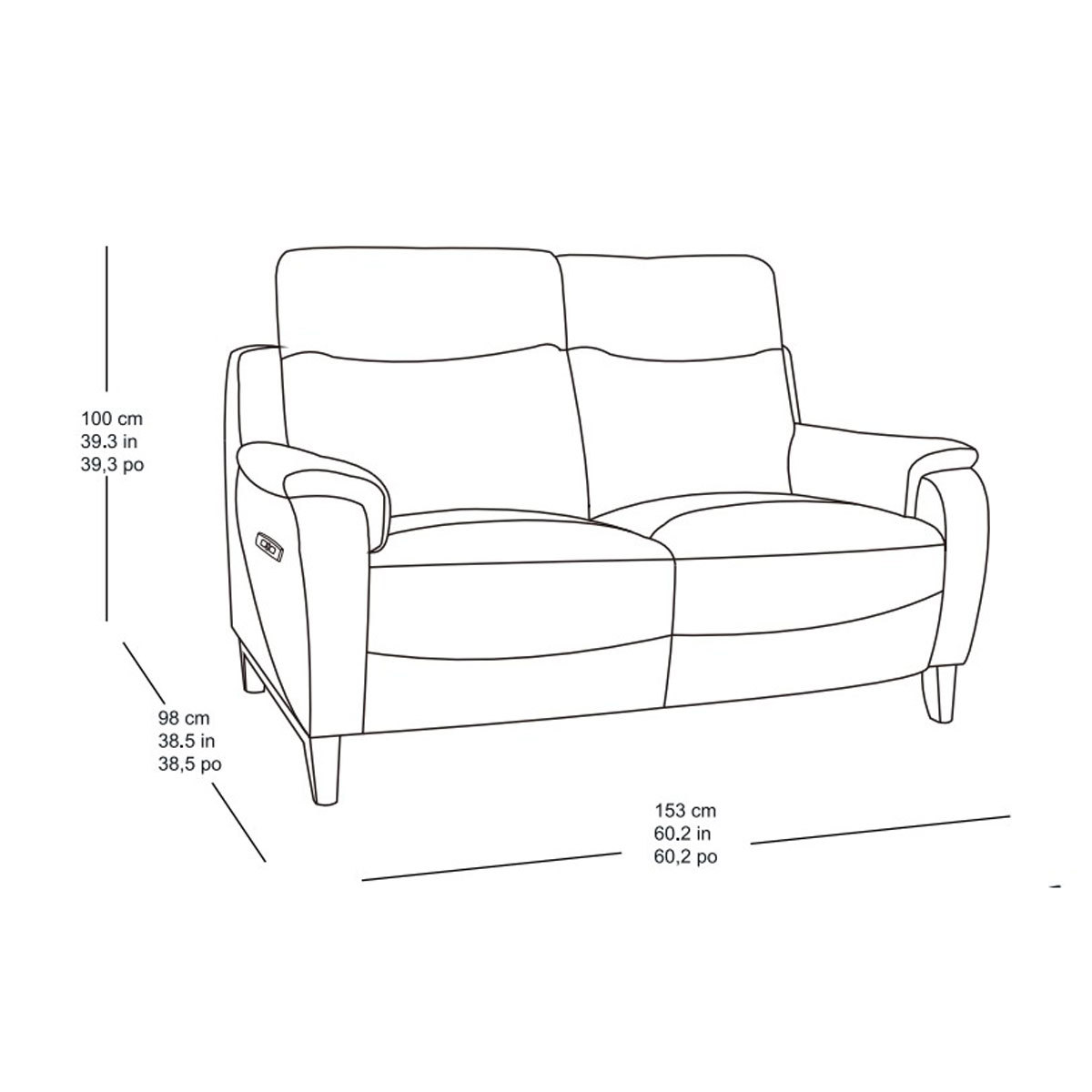 Line drawing of Kuka Leather Power 2 Seater Sofa