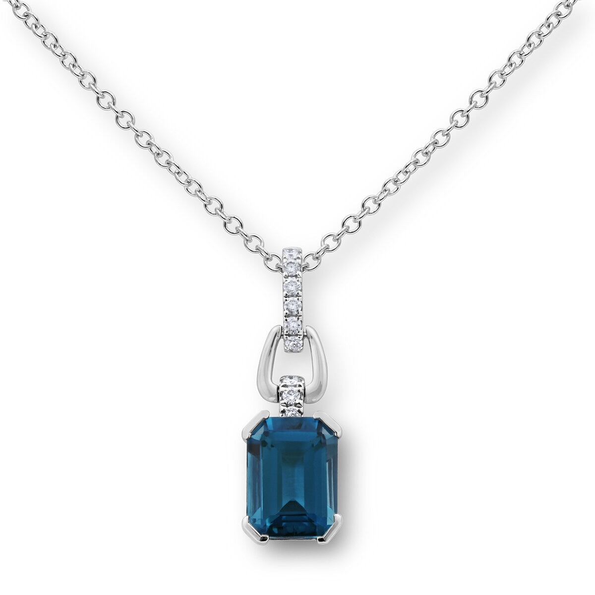 Emerald Cut London Blue Topaz & Diamond Pendant, 18ct White Gold