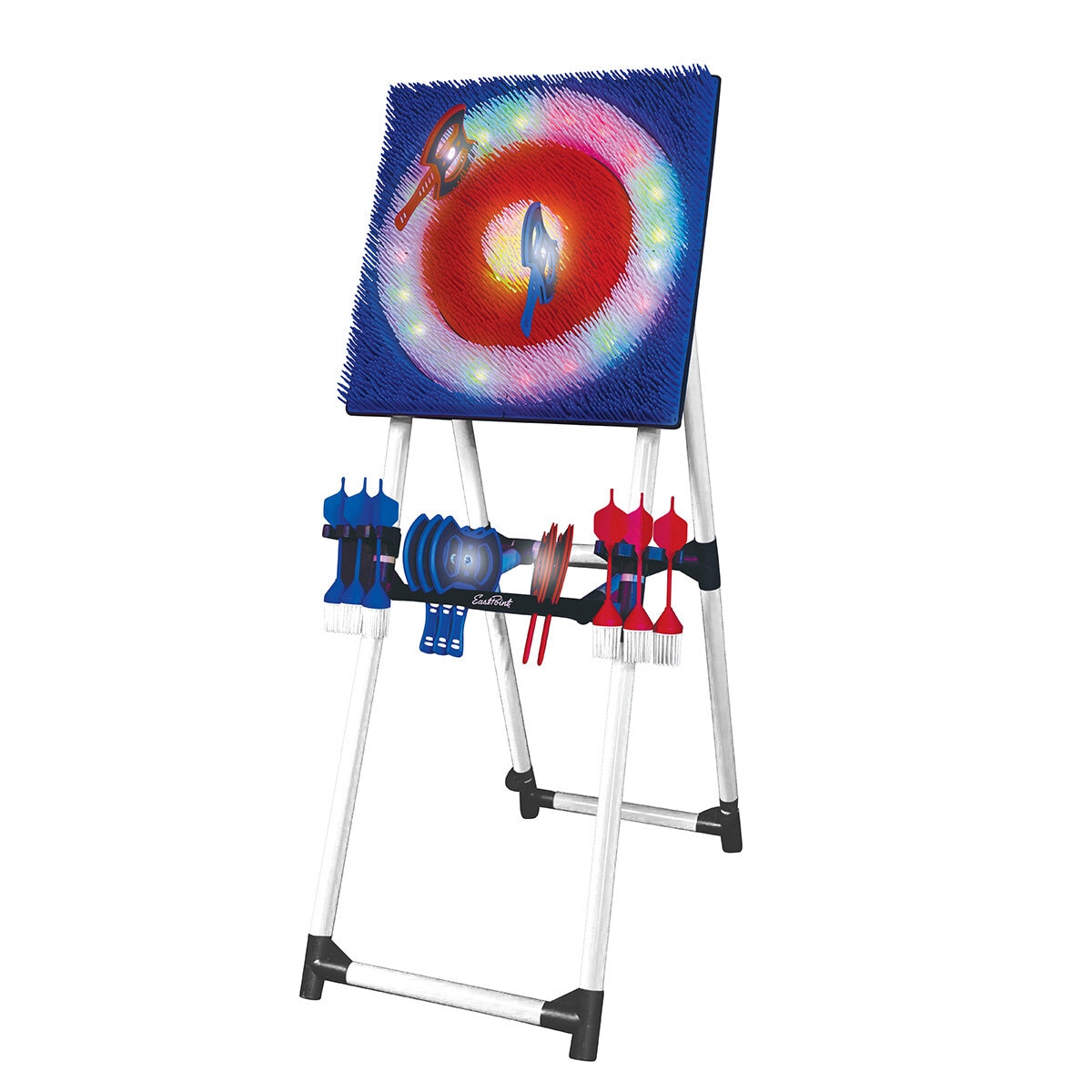 Studio image showing the LED axe throw set with the lights on and two axes in the board Studio image showing the LED axe throw set with the lights on and two axes in the board