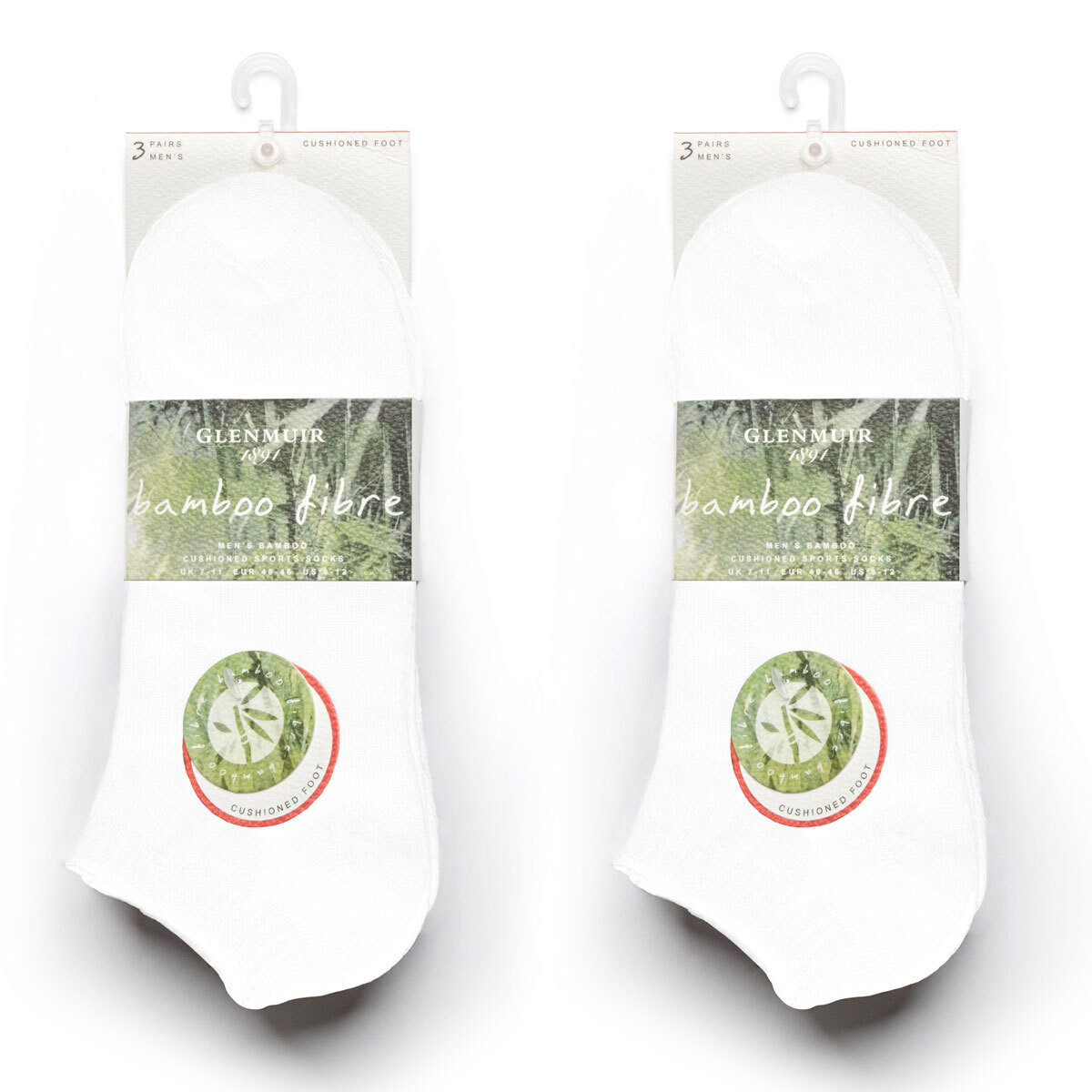 Glenmuir Men's 2 x 3 Pack Bamboo Cushioned Trainer Socks in White, Size 7-11