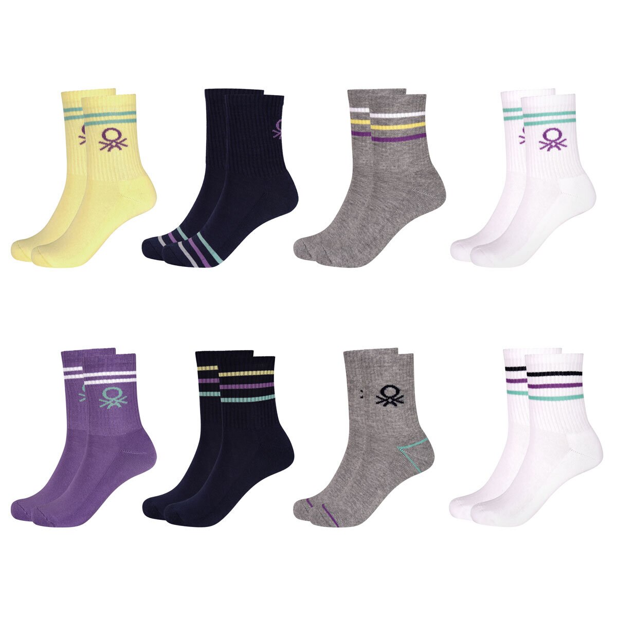 United Colors of Benetton Ladies Sport Crew Sock, Navy/Colour 8 Pack