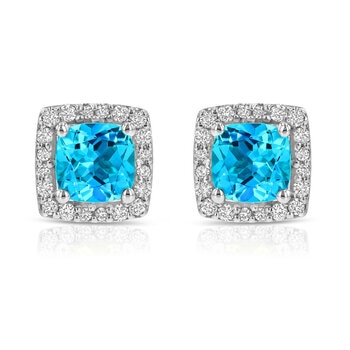Cushion Cut Swiss Blue Topaz & 0.13ctw Diamond Stud Earrings, 14ct White Gold