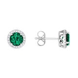 Round Cut Lab Emerald & Diamond Earrings, 14ct White Gold