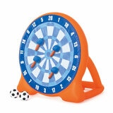 Studio image of the inflatable dartboard with the included footballs and axes