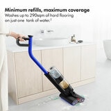 Lifestyle images of Dyson WashG1 wet floor cleaner showin gminimum refilles and maximum coverage up to 290sqm of hard floor