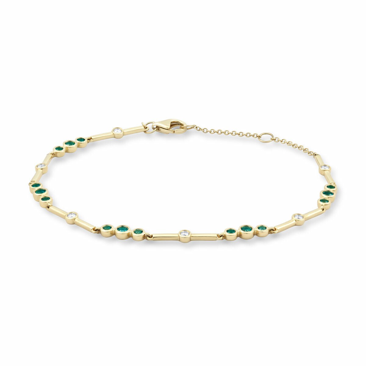 Round Cut Lab Emerald & 0.18ctw Diamond Bracelet, 18ct Yellow Gold