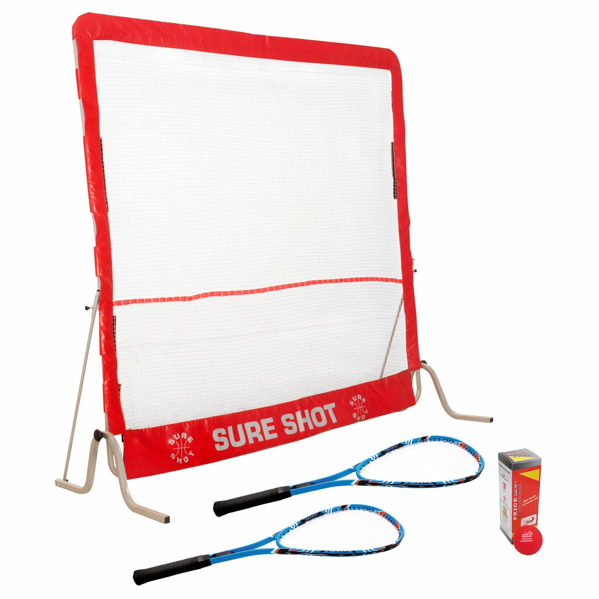 Studio image showing the two included squash rackets, three squash balls and aluminium squash wall Studio image showing the two included squash rackets, three squash balls and aluminium squash wall