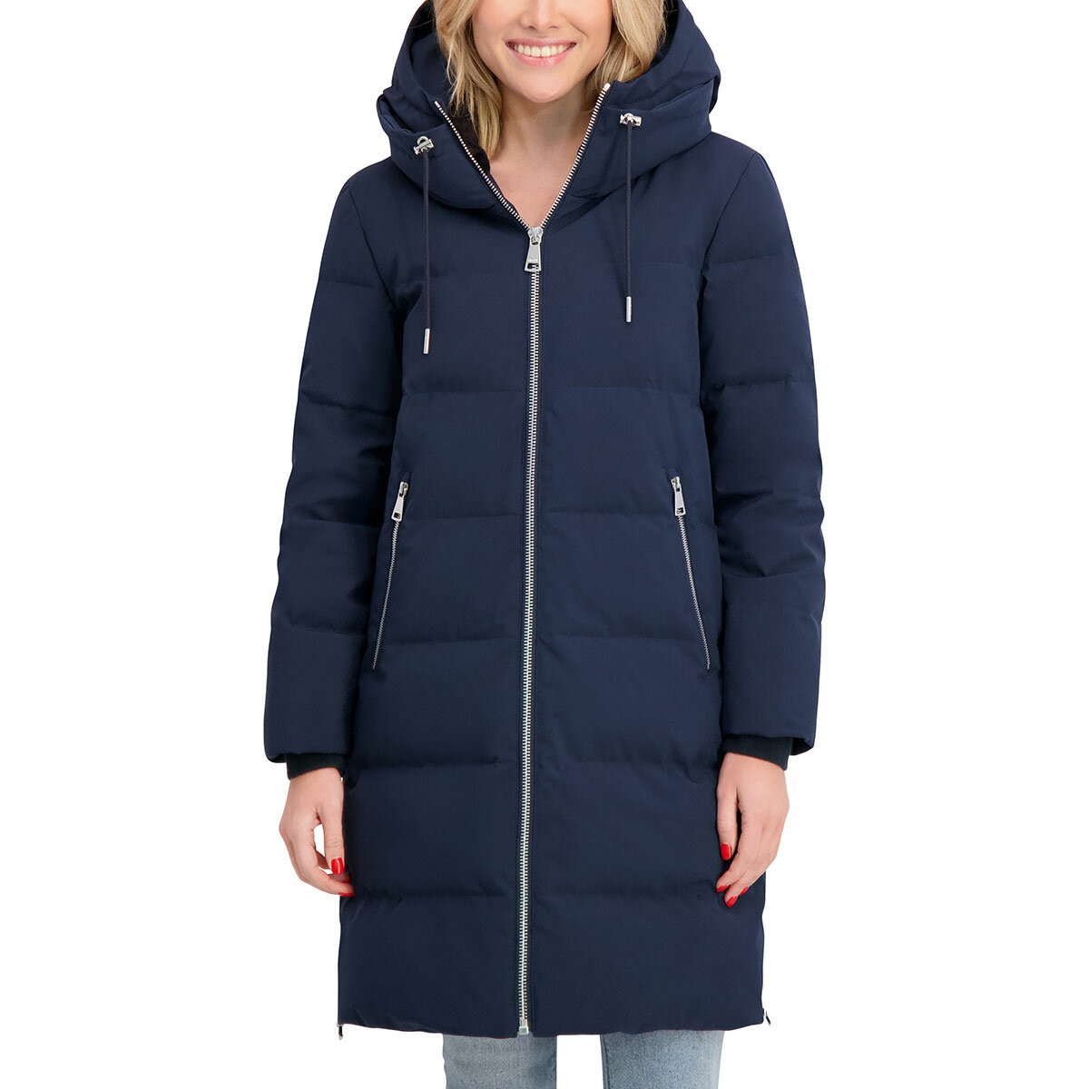 DKNY Ladies Long Down Coat with Hood in Navy