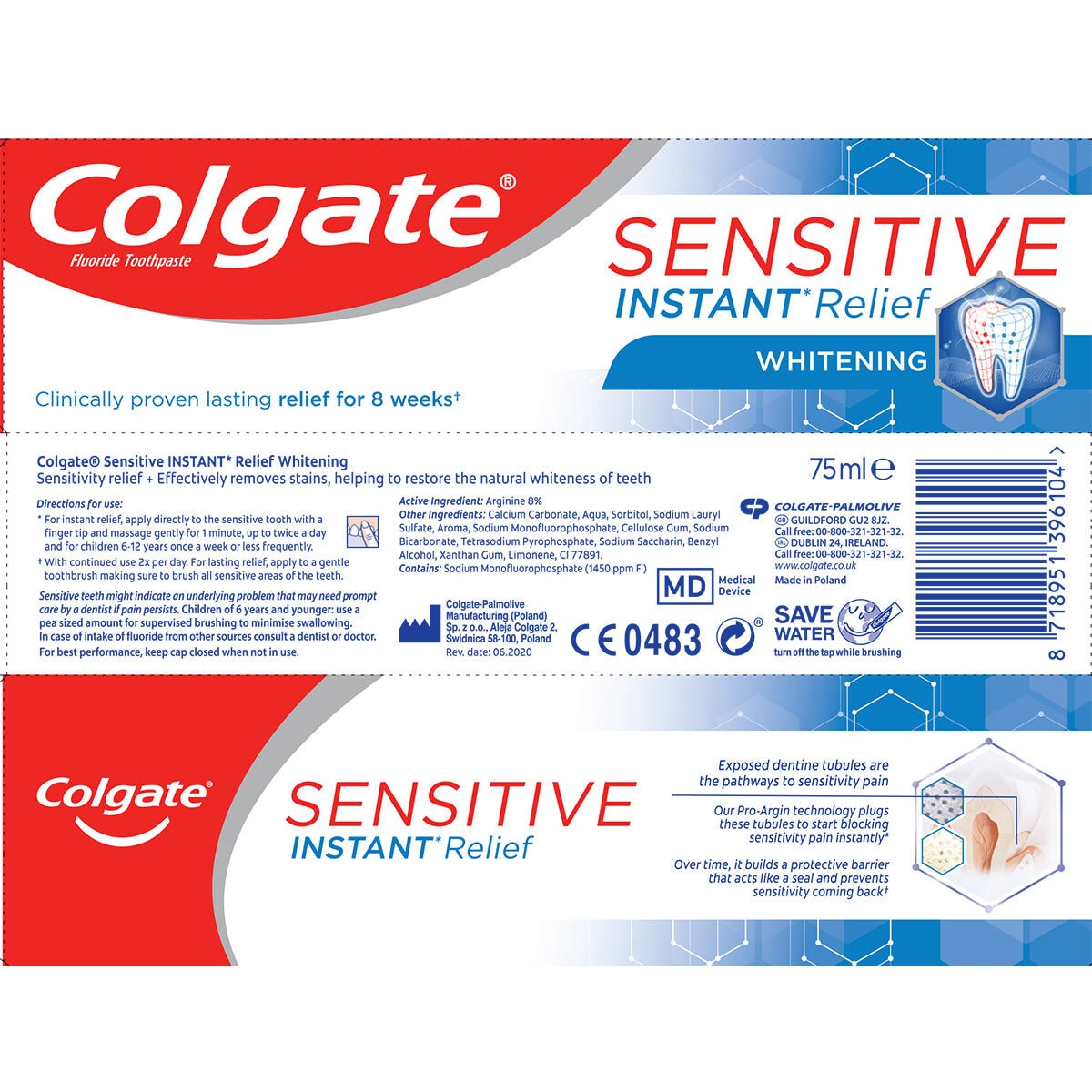 Colgate Sensitive Instant Relief Toothpaste, 6 x 75ml