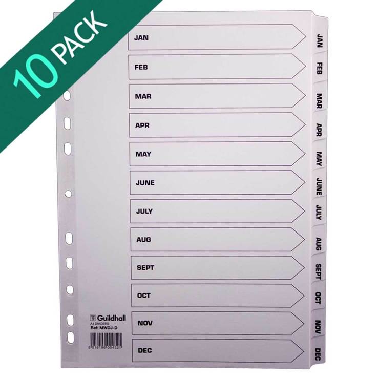 Guildhall A4 White JanDec 12 Tabs Dividers 10 Pack of 12 Dividers