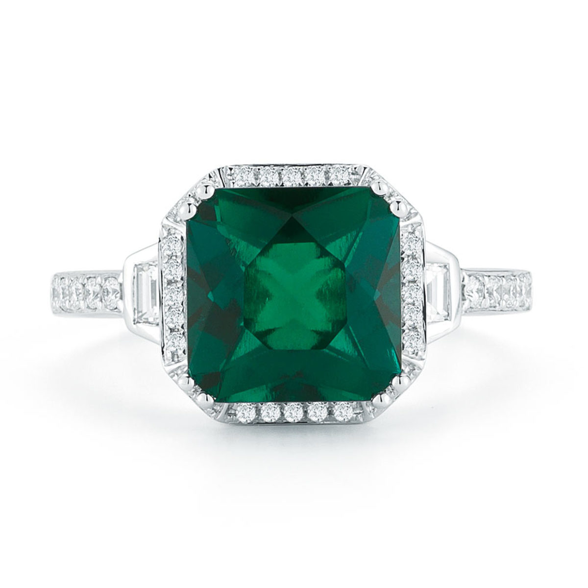 Square Cut Lab Emerald and 0.34ctw Round Brilliant Cut Diamond Ring, 18ct White Gold
