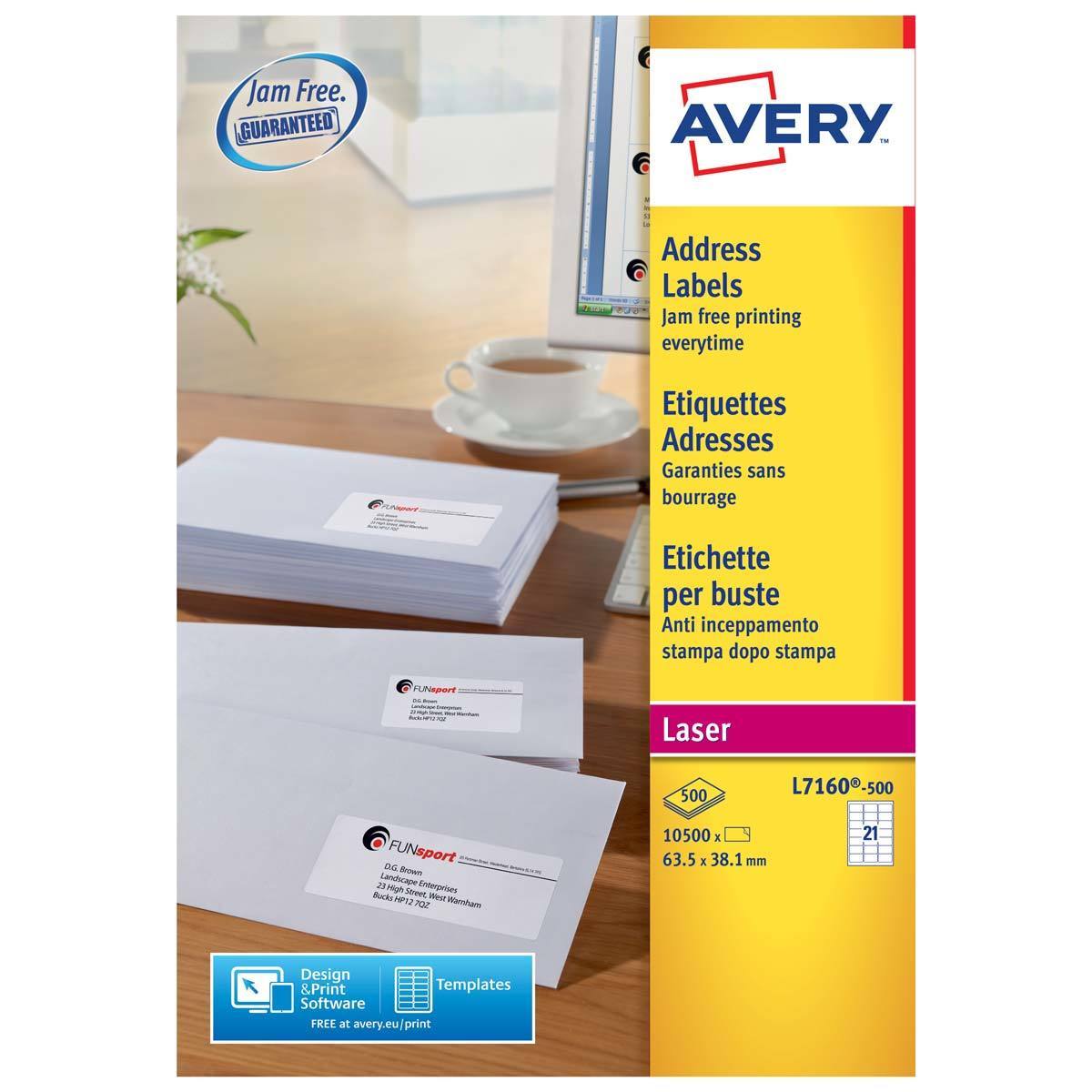 Avery Address Labels 38.1 x 63.5mm, L7160-500, Pack of 10,500
