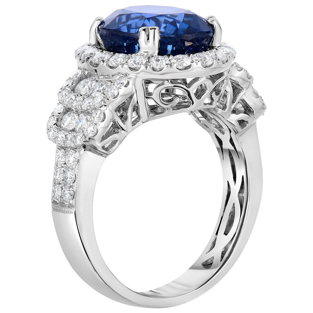 6.91ct Oval Cut Blue Sapphire and 1.32ctw Diamond Ring, 18ct White Gold