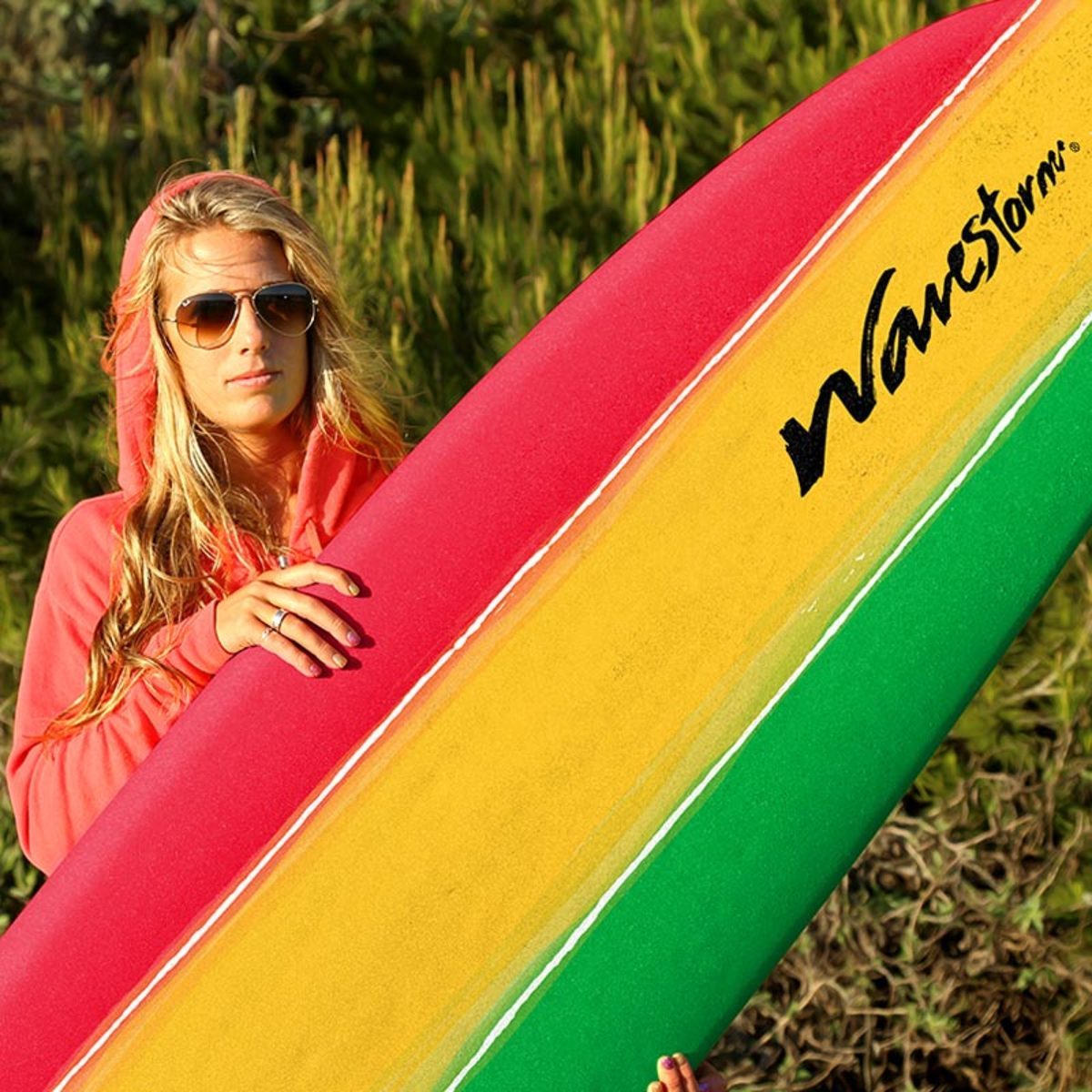 Wavestorm 8ft Classic Surfboard in Yellow, Red and Green Stripe