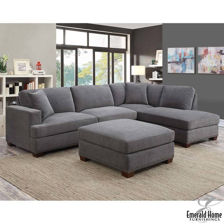 Kellen 3 Piece Grey Fabric Sectional Sofa With Ottoman And 2 Accent Kellen 3 Piece Grey Fabric Sectional Sofa With Ottoman And 2 Accent Pillows Right Facing
