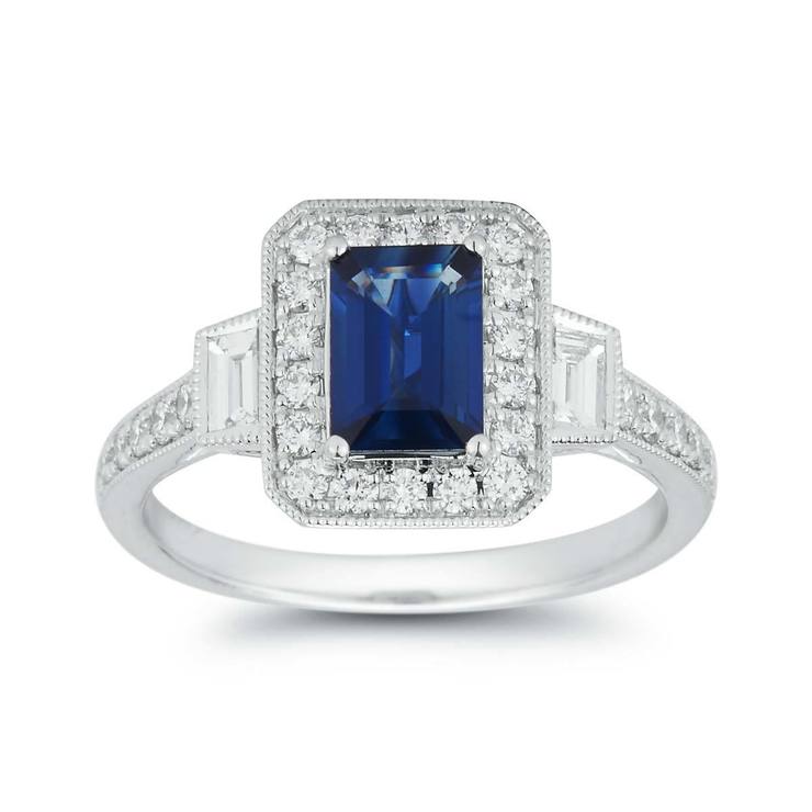 1.10ct Emerald Cut Blue Sapphire and 0.58ctw Diamond Ring, 18ct White ...