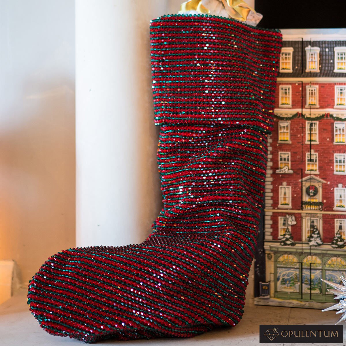 Opulentum Luxury Red and Green Velvet 2 ft (60 cm) Christmas Stocking with 14,400 Swarovski Beads