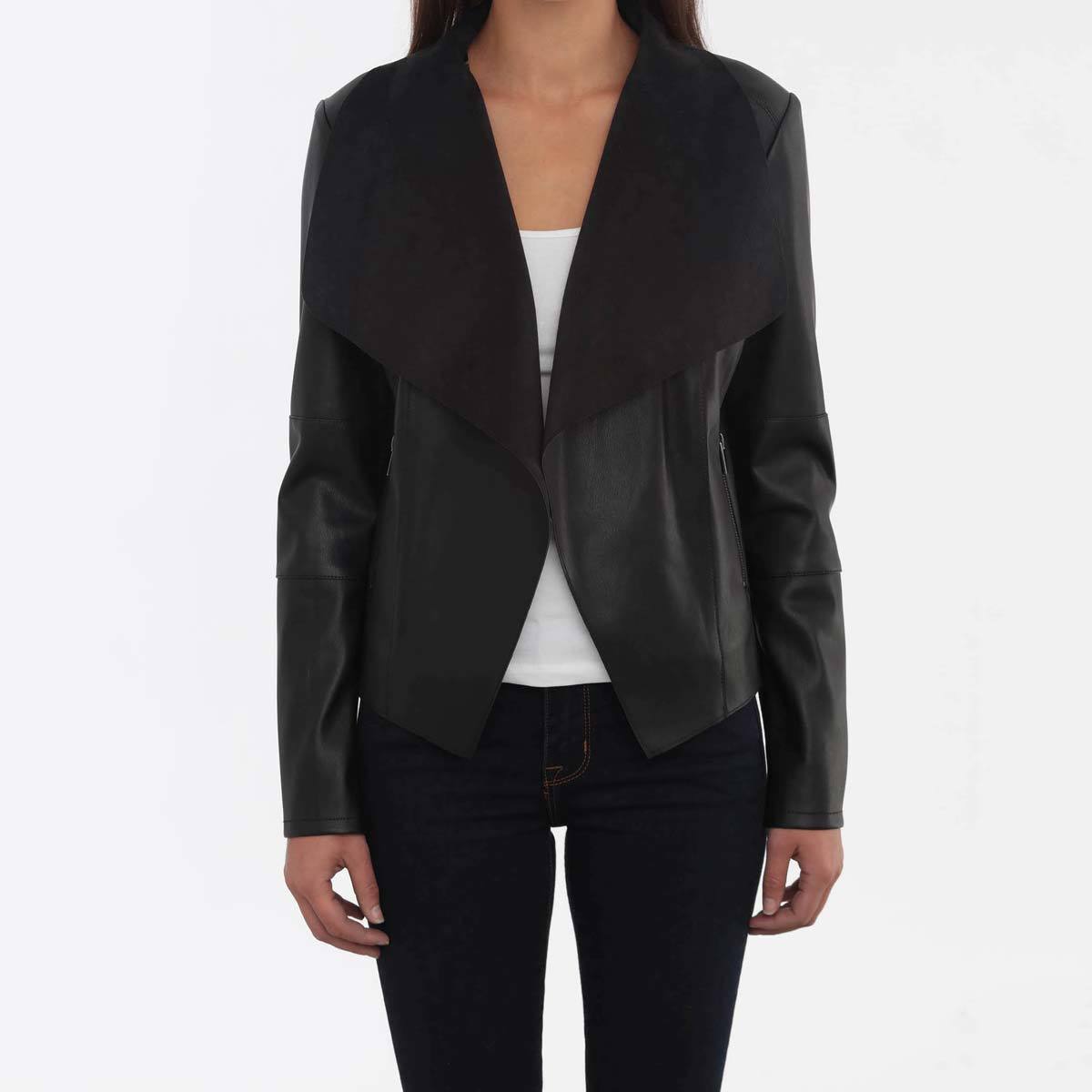 Bagatelle Women's Faux Leather Drape Jacket, Black Small