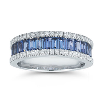 Baguette Cut Blue Sapphire & 0.22ctw Diamond Ring, 18ct White Gold