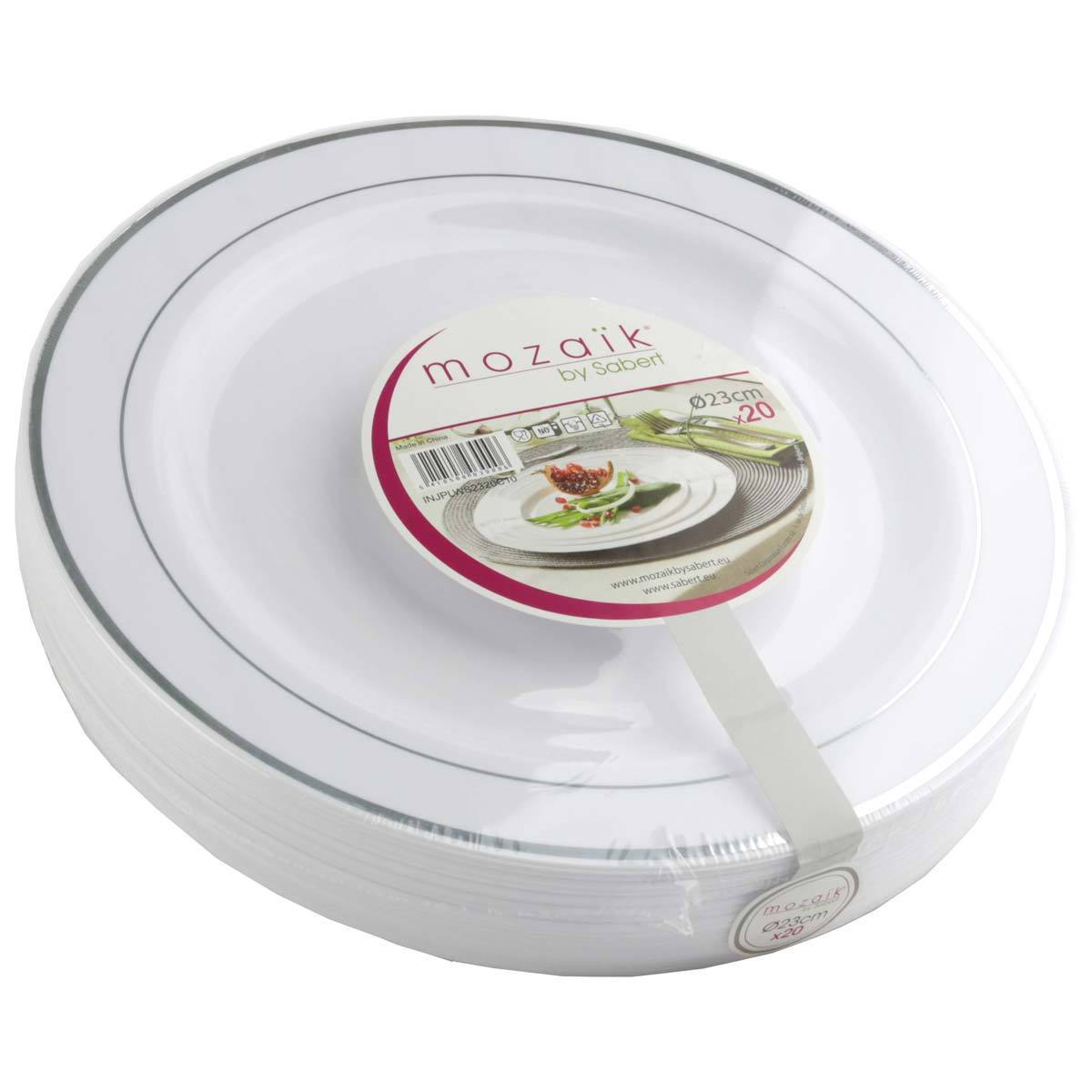 Mozaik 100 Disposable Silver Rimmed Plates, 23cm Diameter