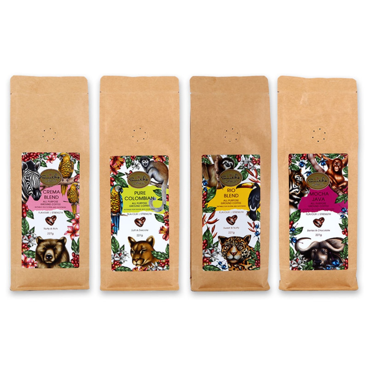 Smiths Coffee Co. Animal Range Ground Coffee Selection, 4 x 227g