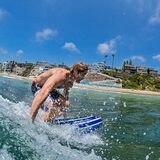 Wavestorm 8ft Classic Surfboard in Blue, Lime and White Stripe