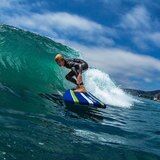 Wavestorm 8ft Classic Surfboard in Blue, Lime and White Stripe
