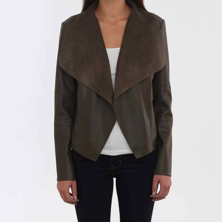 Bagatelle Women's Faux Leather Drape Jacket, Olive - Small | Costco UK