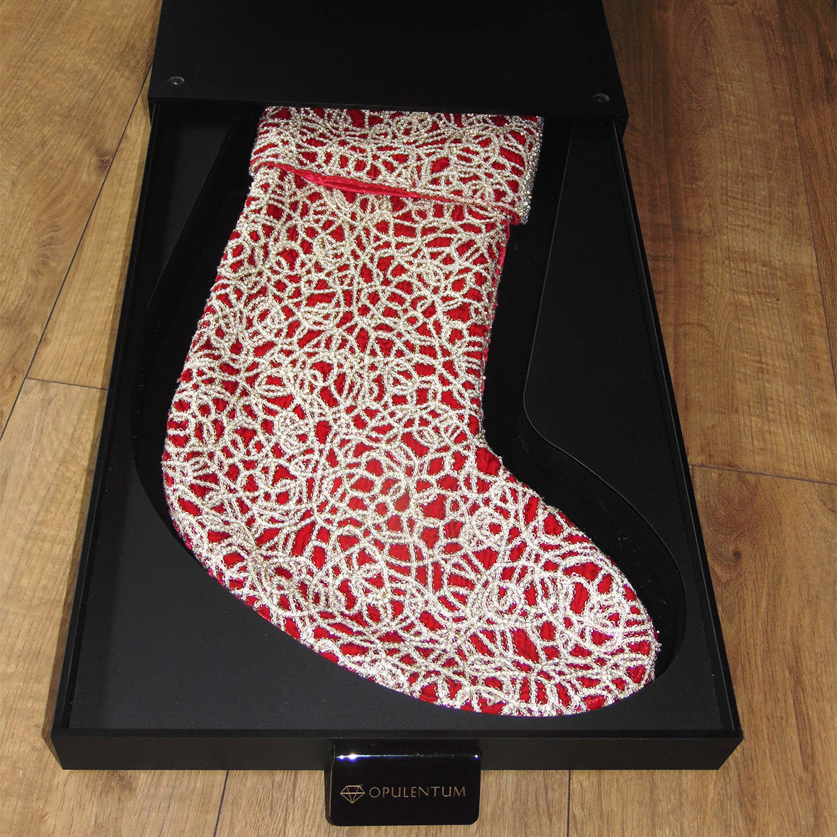 Opulentum Luxury Red Velvet 2 ft (60 cm) Christmas Stocking with Gold Lace Jacquard Overlay