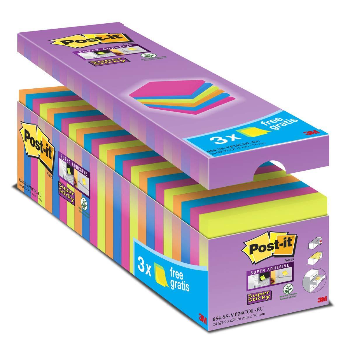 PostIt Super Sticky 76 x 76mm 24 Pack of Assorted Blank Notes Costco UK