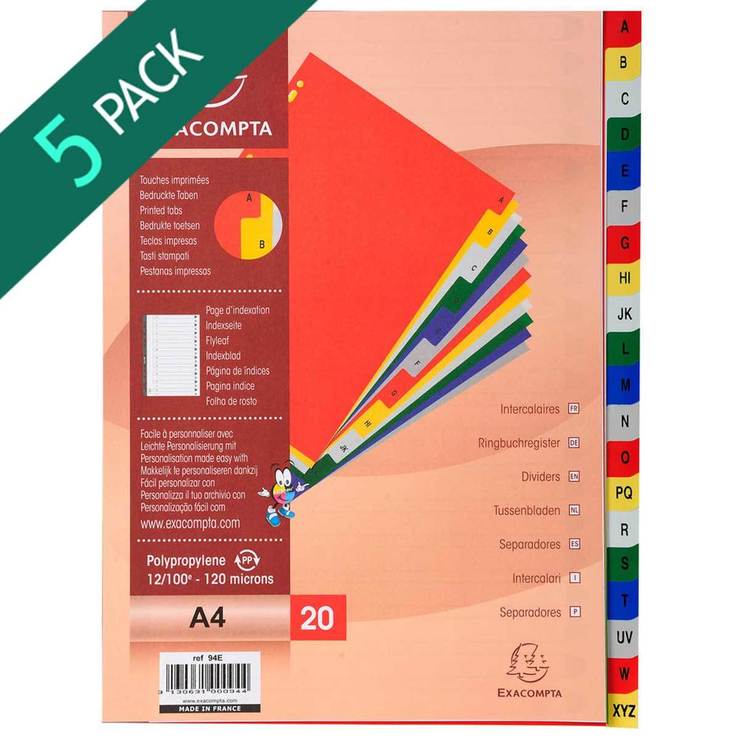 A4 Coloured AZ 20 Tabs Dividers 5 Packs of 20 Dividers