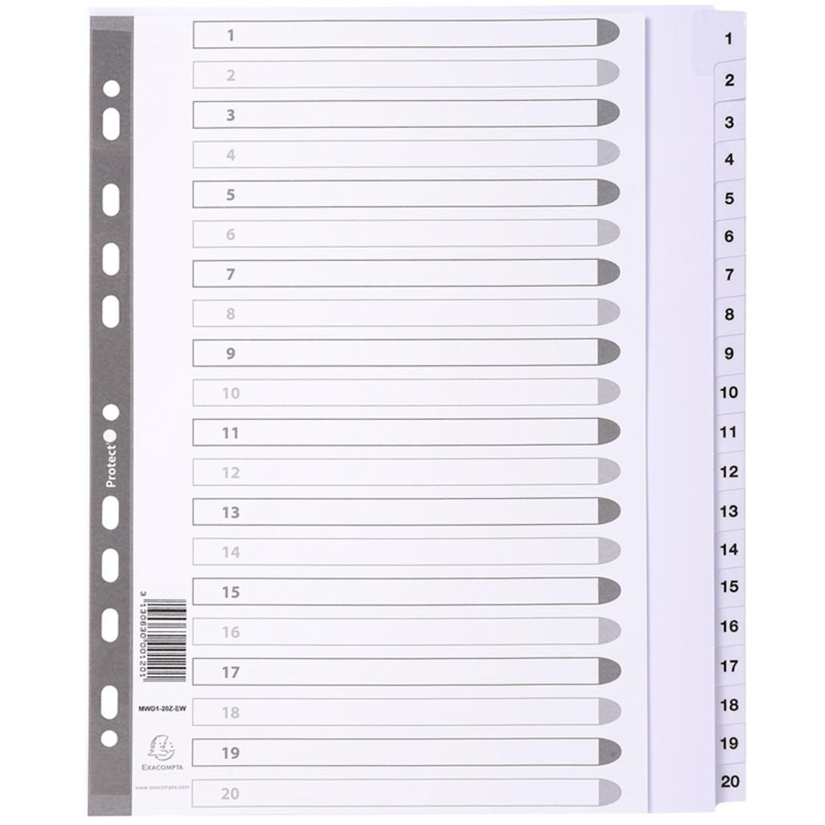 Exacompta A4 1-20 White 20 Tabs Dividers - 10 Packs of 20 Dividers