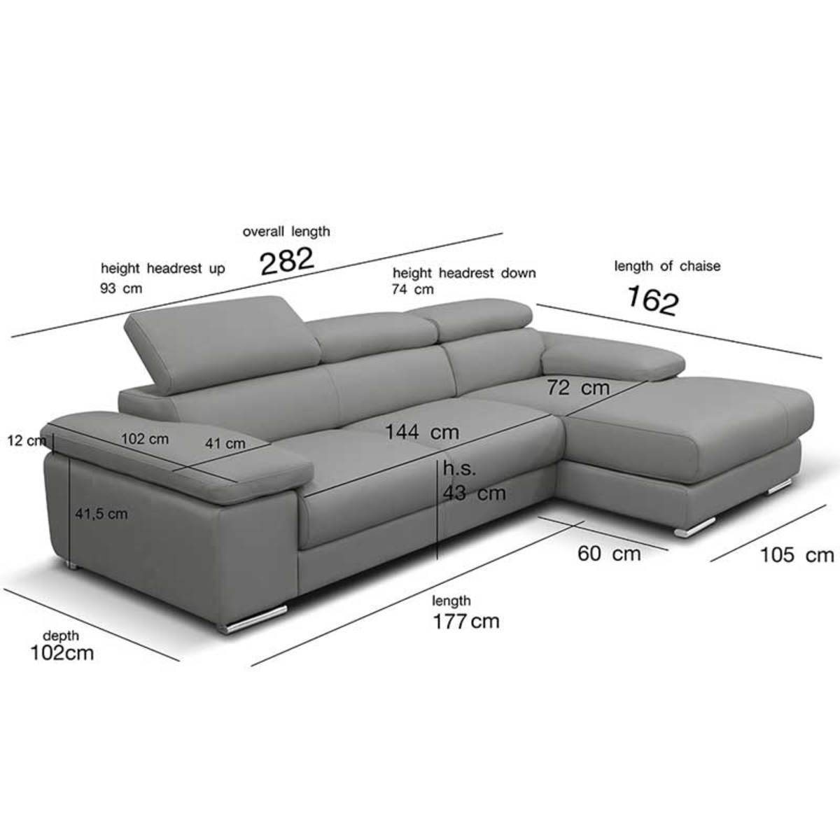 Nicoletti Lipari Grey Italian Leather Sofa Chaise Costco UK