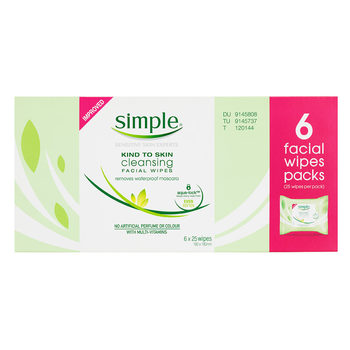 Simple Cleansing Facial Wipes, 6 x 25 Pack