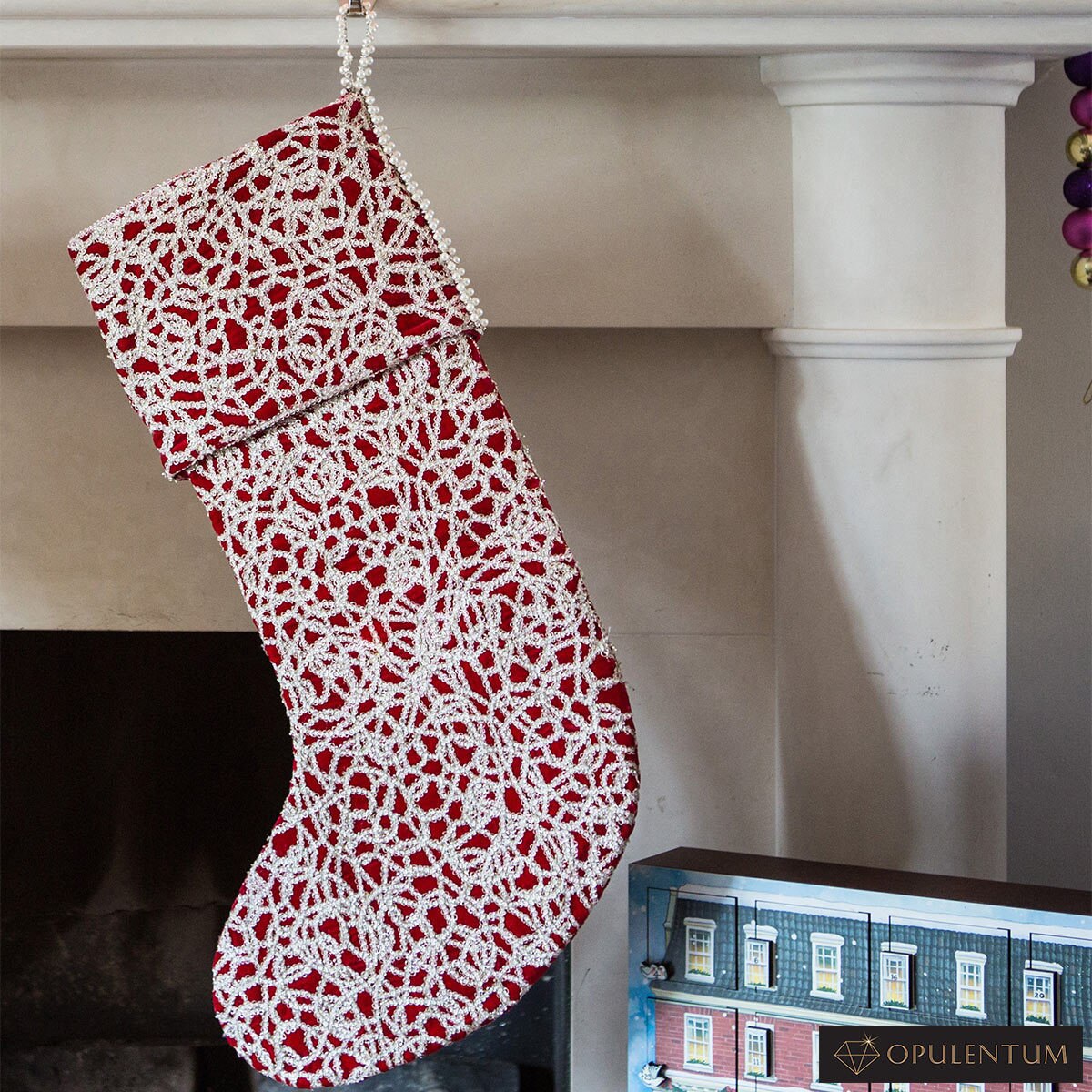 Opulentum Luxury Red Velvet 2 ft (60 cm) Christmas Stocking with Gold Lace Jacquard Overlay