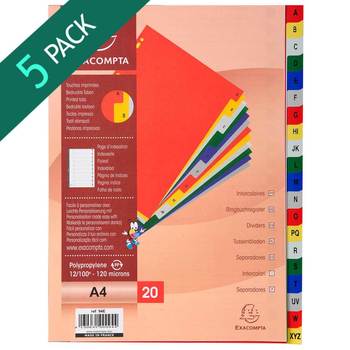Exacompta A4 Coloured A-Z 20 Tabs Dividers - 5 Packs of 20 Dividers
