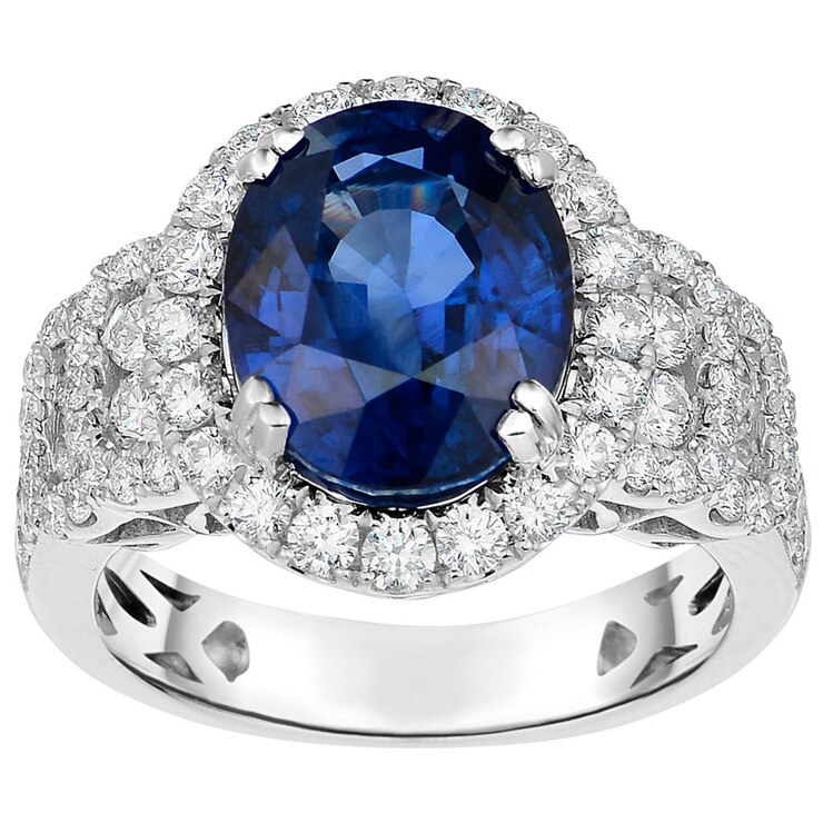 6.91ct Oval Cut Blue Sapphire and 1.32ctw Diamond Ring, 18ct White Gold
